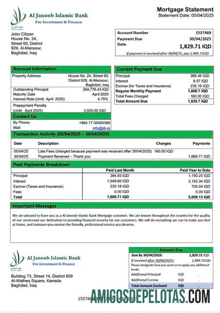 imprimível Modelo Word e PDF de declaração de hipoteca do Banco Islâmico Iraque Al Janoob